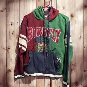 Born Fly Mens Large Hoodie Sweatshirt Green Burgundy Graphic Embroidered MMII